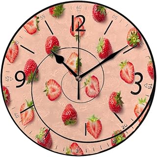 Botell Reloj de pared de PVC, diseño de fresas coloridas, fondo rosa, silencioso, ligero, redondo, digital, con precisión, reloj colgante de 9.8 pulgadas