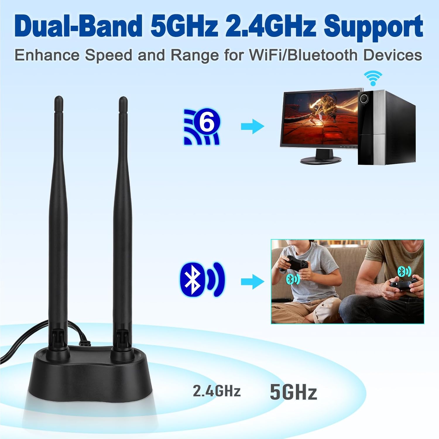Eightwood 9dBi Dual Band WiFi Antenna 2.4GHz 5GHz RP-SMA WiFi Antennae with Magnetic Base and 6.5ft Extension Cable for PC Desktop Computer PCIe Bluetooth Wireless Network Card,WiFi Router