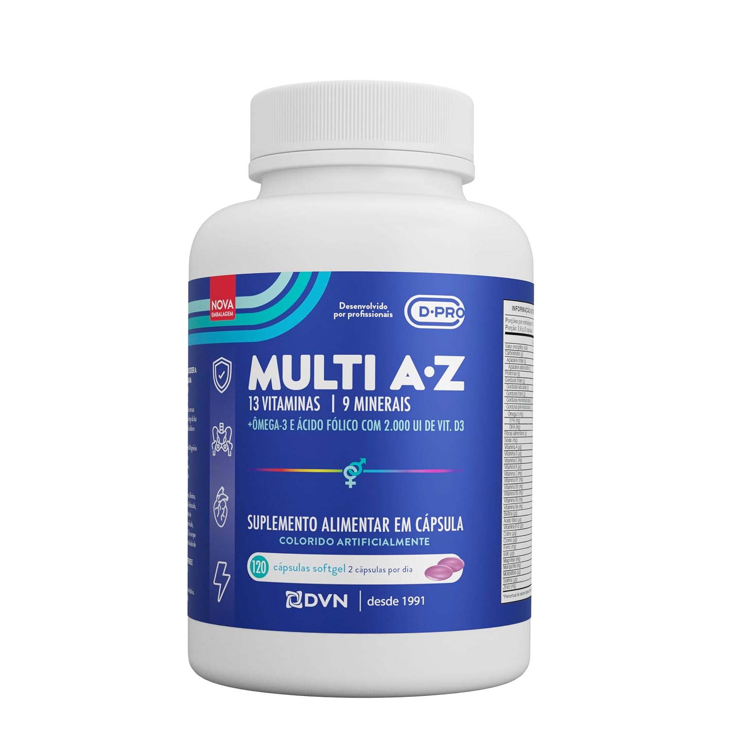 Multivitamínico 13 vitaminas, 9 minerais e Ômega-3 120 Cápsulas Softgel – D.Multi | D.Pro – Imunidade