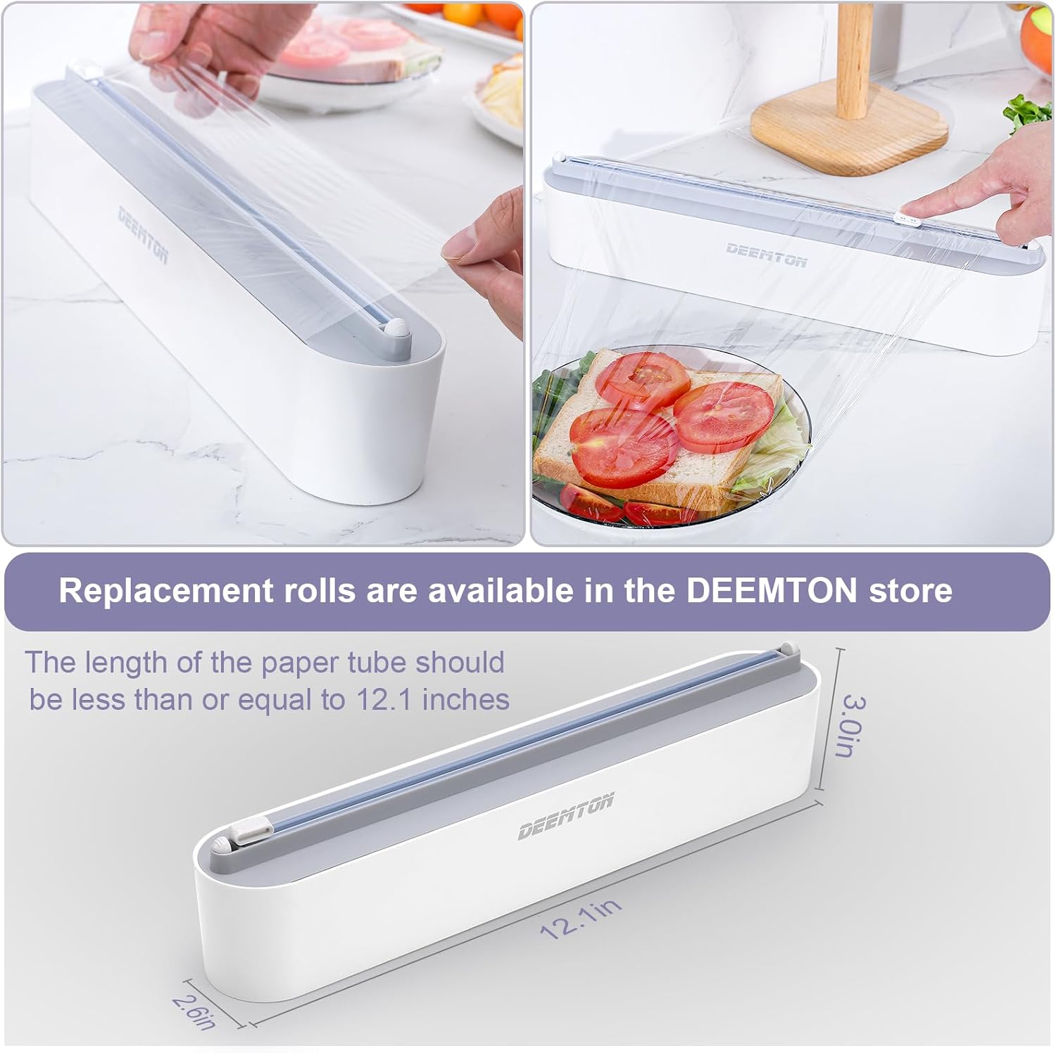 Plastic Wrap Dispenser with Cutter,Plastic Food Wrap Dispenser with Slide Cutter Refillable Cling Film Dispenser with 250' of Professional BPA Free Cling Film.