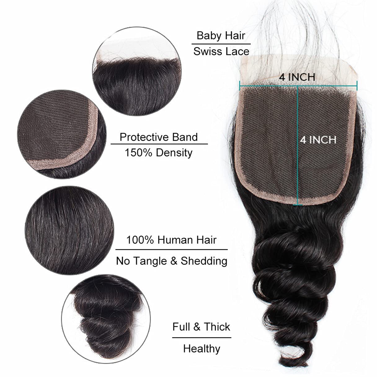 Brazilian Loose Wave 4x4 Lace Closure 100% Unprocessed Human Virgin Hair Pre Plucked Loose Deep Wave Pre-Plucked Hairline Frontal Closure Natural Black With Baby Hair (10inch, loose wave 4x4)