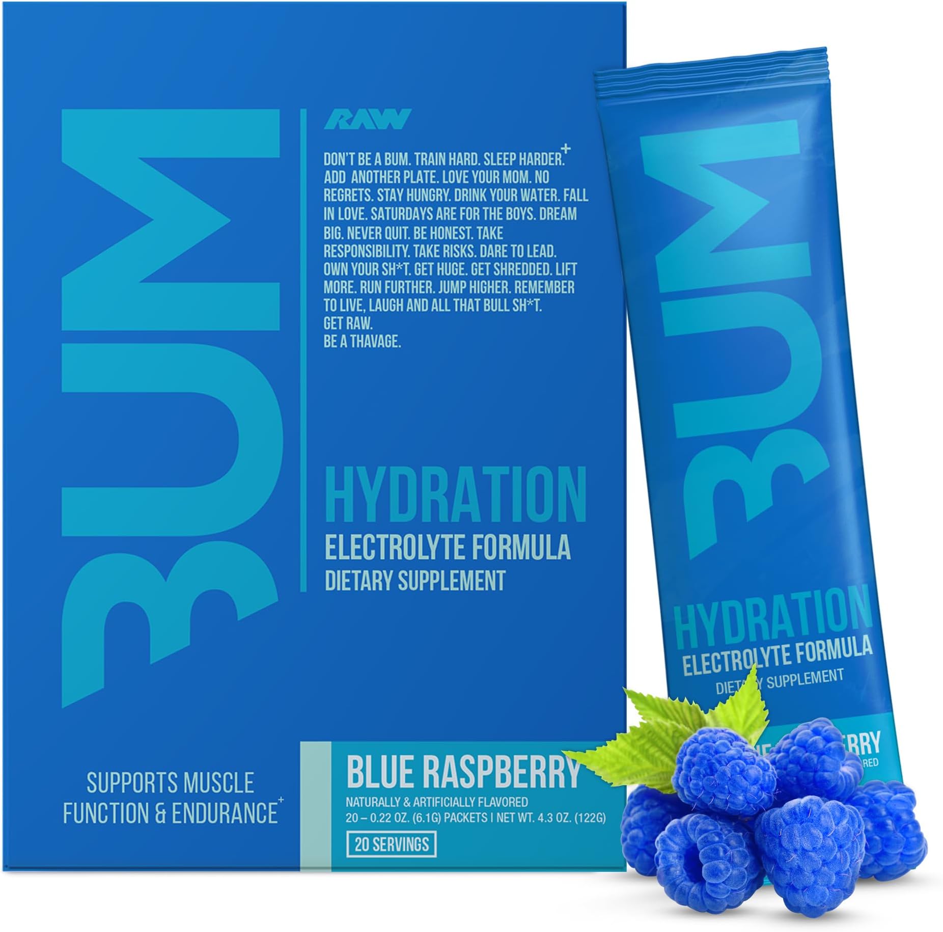 Electrolytes Powder Hydration Drink Mix Packets, BUM Hydrate (Blue Raspberry, 20 Servings), Electrolyte Hydration Packets Support Muscle Function & Endurance, Keto Free Electrolytes Powder Packets