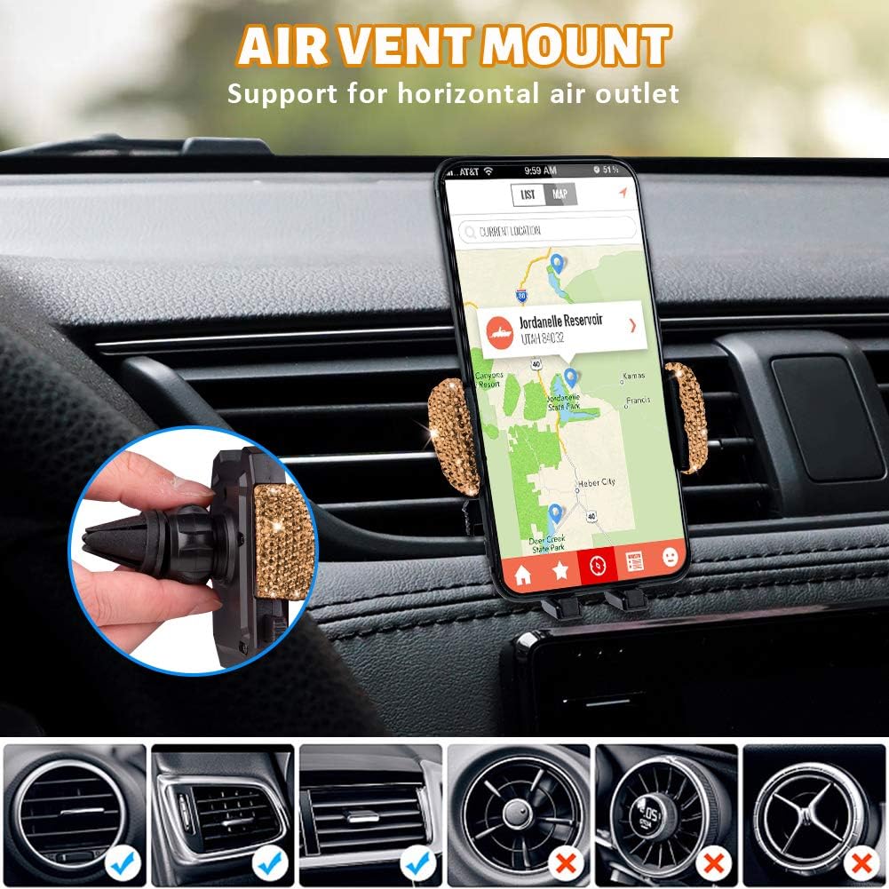 eing Car Phone Mount Holder Dashboard Air Vent Windshield,Compatible with iPhone 12/11/11 Pro/8 Plus/8/SE/X/XR/XS/7 Plus Samsung S20/S10/S9/S8,Moto,Huawei,Nokia,LG,Smartphones,Gold