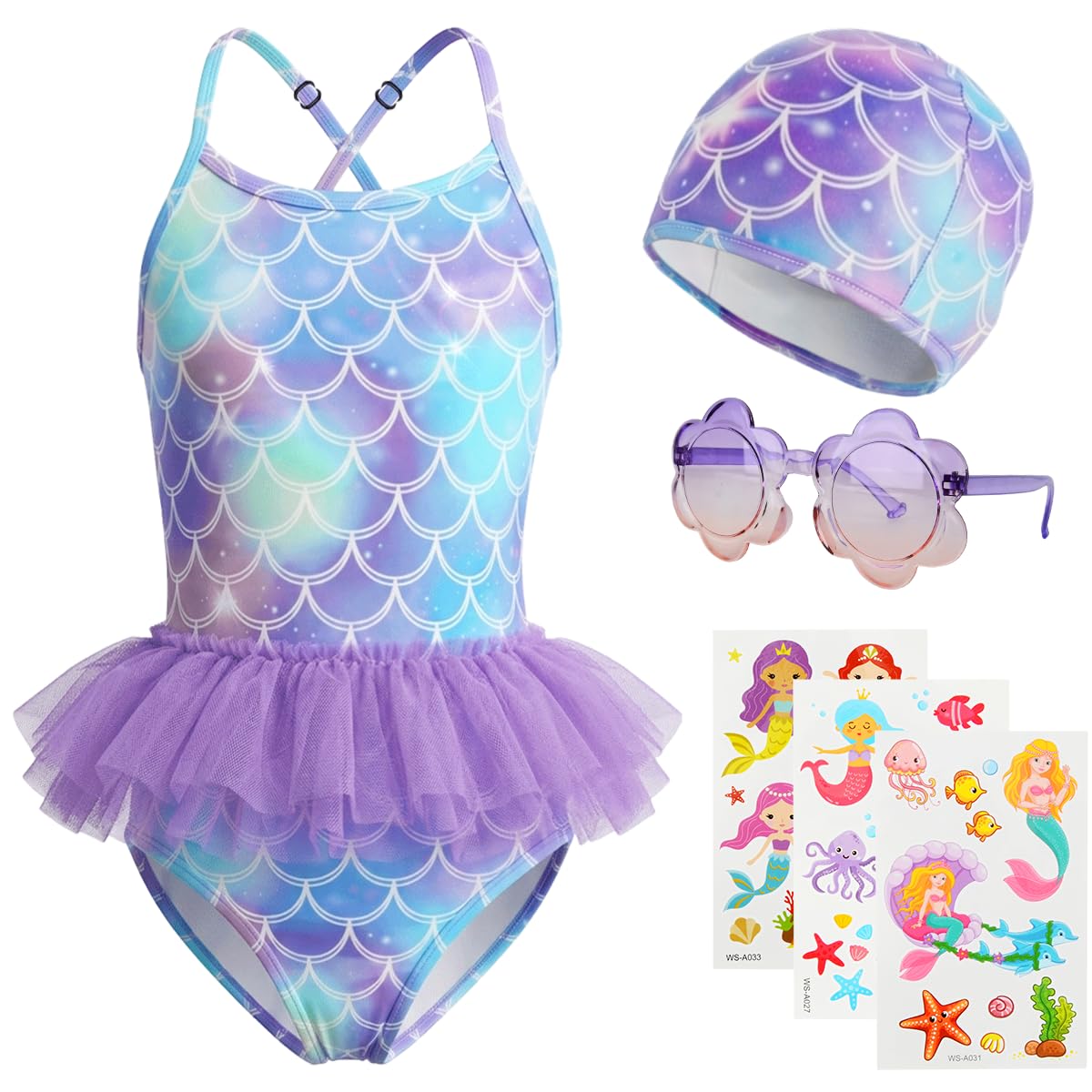 Bañador Niña, Traje de Baño de Una Pieza para Niñas 4 en 1, Ropa de Baño Sirena con Gorro, Gafas de Sol y Tatuajes, Tirantes Ajustables, Ideal para Playa y Piscina, Natación Verano