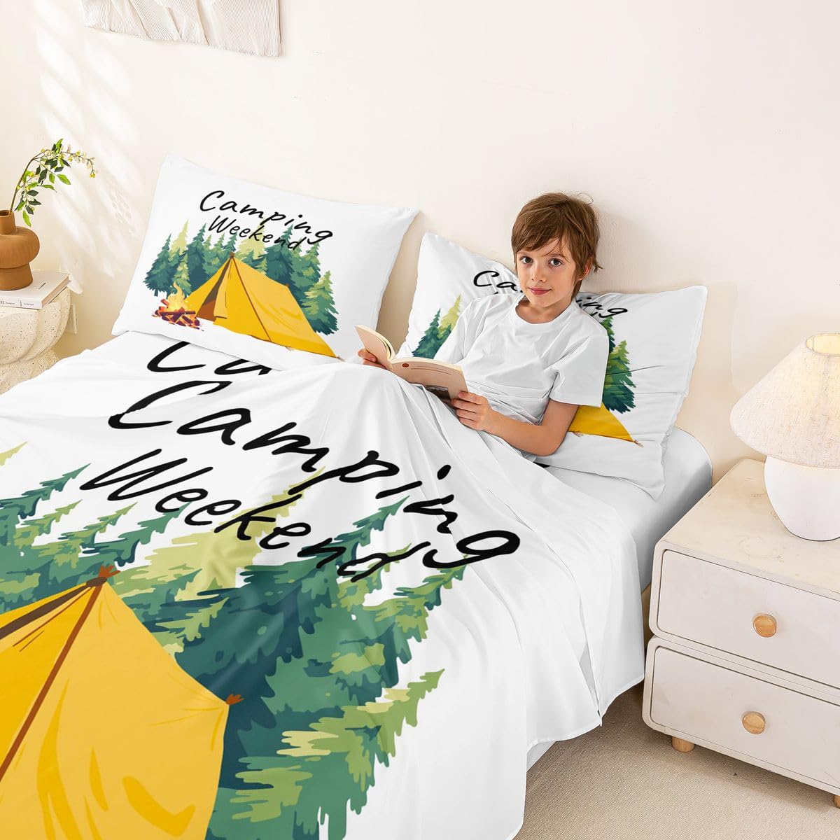 Homewish Camper Camfire zestaw pościeli do namiotu, podwójne, kempingowe, rustykalne prześcieradła, obóz, sosna, zielone, zestaw pościeli w stylu wiejskim, 4-częściowy