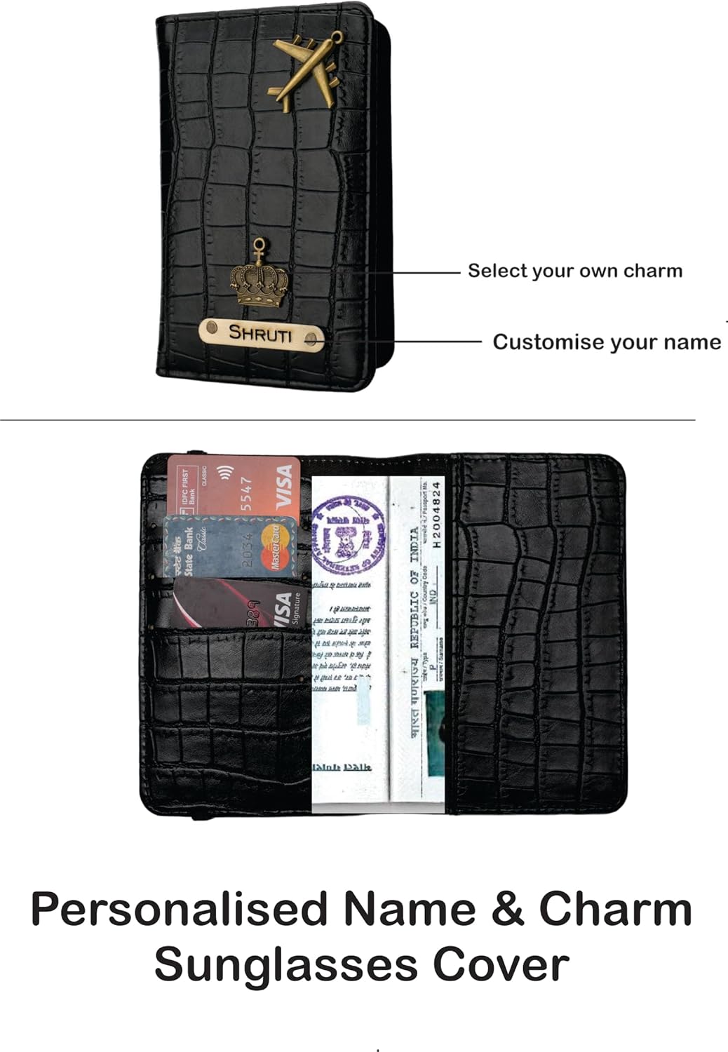 Personalized Name & Charm Mens (Wallet, Passport Cover, BagTag & Eyewear Cover) Giftset| Birthday Anniversary Wedding Gifts for Men | Rakhi Rakshabandhan Gifts for Brother, Black, 4.5 X 3.5 X