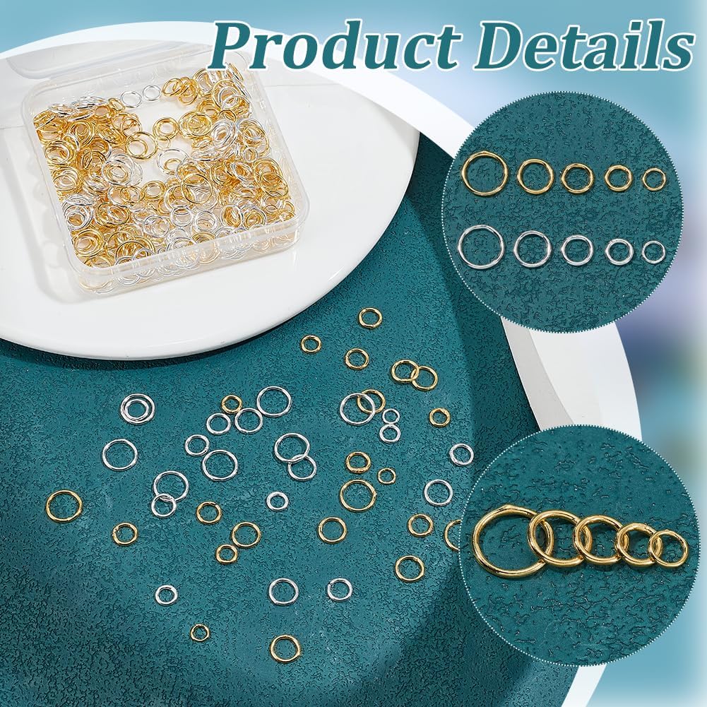 PH PandaHall 400pcs Jump Rings 5 Sizes Closed Jump Rings Soldered Jump Rings, Connectors Junction Rings Sliver/Golden Brass Round Rings for Jewelry Bracelet Necklace Making Crafts, 5~10mm