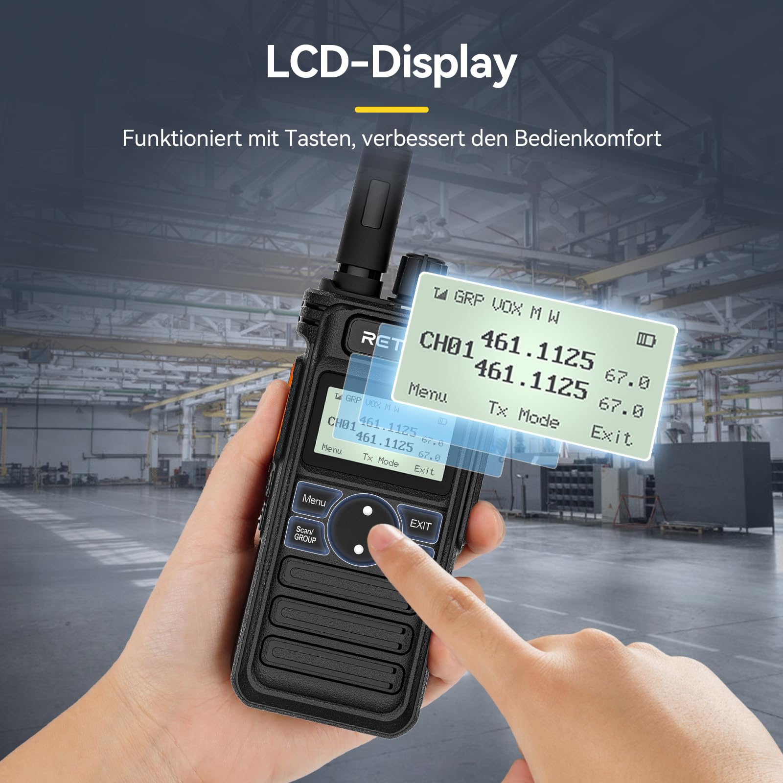 Retevis RT86S Funkgerät Große Reichweite, Walkie Talkie mit LCD-Display | Profi Handfunkgerät mit 2600mAh Akku & Gruppenanruf, inkl. Ohrhörern, für Reinigungskräfte & Lager, Schwarz, 3 Stück