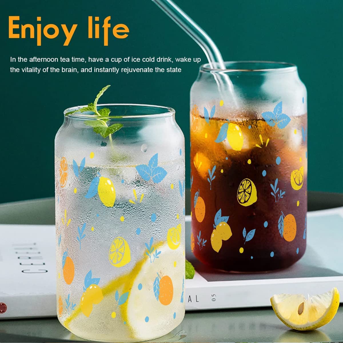 KriVat Drinking Glasses with Lid Glass Straw 1 pcs Can Shaped Glass Cups, Beer Glasses, Iced Coffee Glasses, Cold Drink Smoothie Cups, Ideal for Whiskey, soda, Tea, Water, Gift Multi Print 1