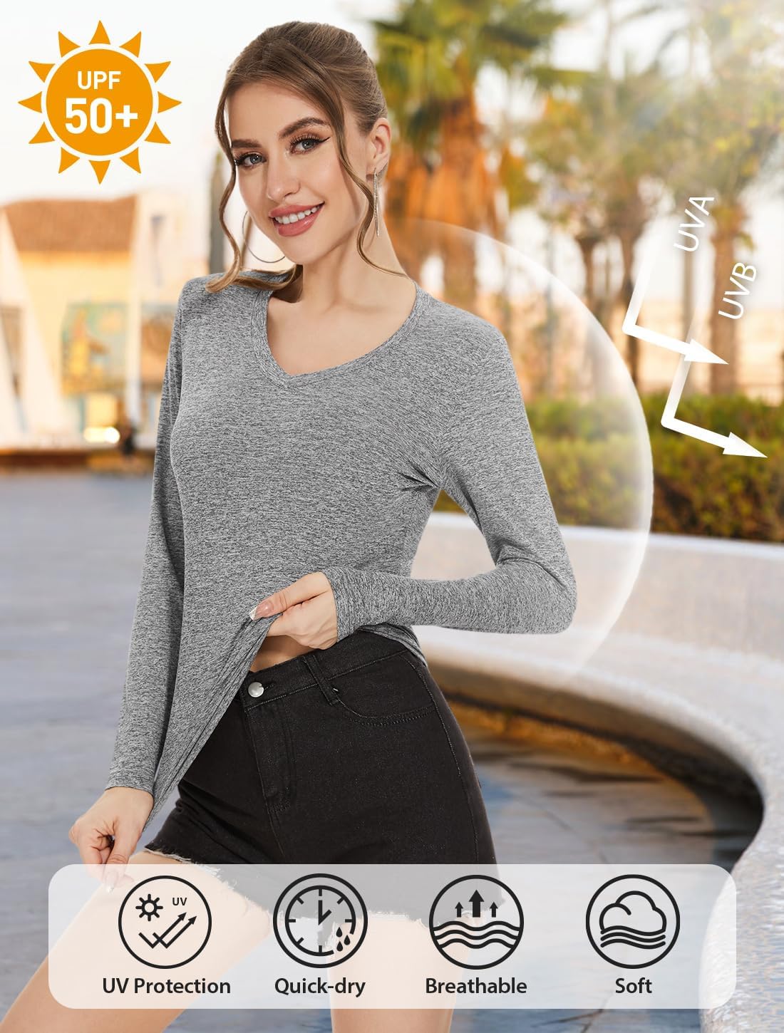 Ullnoy Women's Long Sleeve V Neck T Shirts Long Sleeve Workout Tops for Women V Neck Moisture Wicking Long Sleeve Tee Pack - Image 2