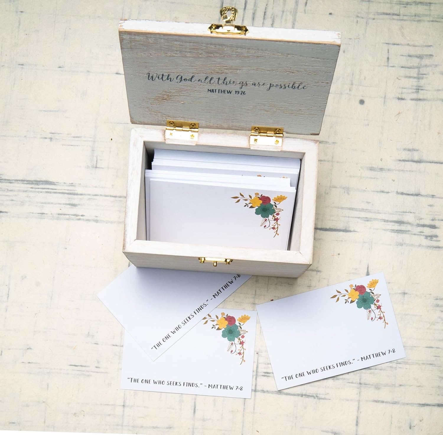 Eccolo Wooden Keepsake Box with Prayer Cards, Gift Set Includes Decorative Prayer Box and 50 Designed Note Cards, Wooden Chest Ideal for Home Decor, “Give Thanks” (Rustic White, 4x5.5x3.75 Inches)