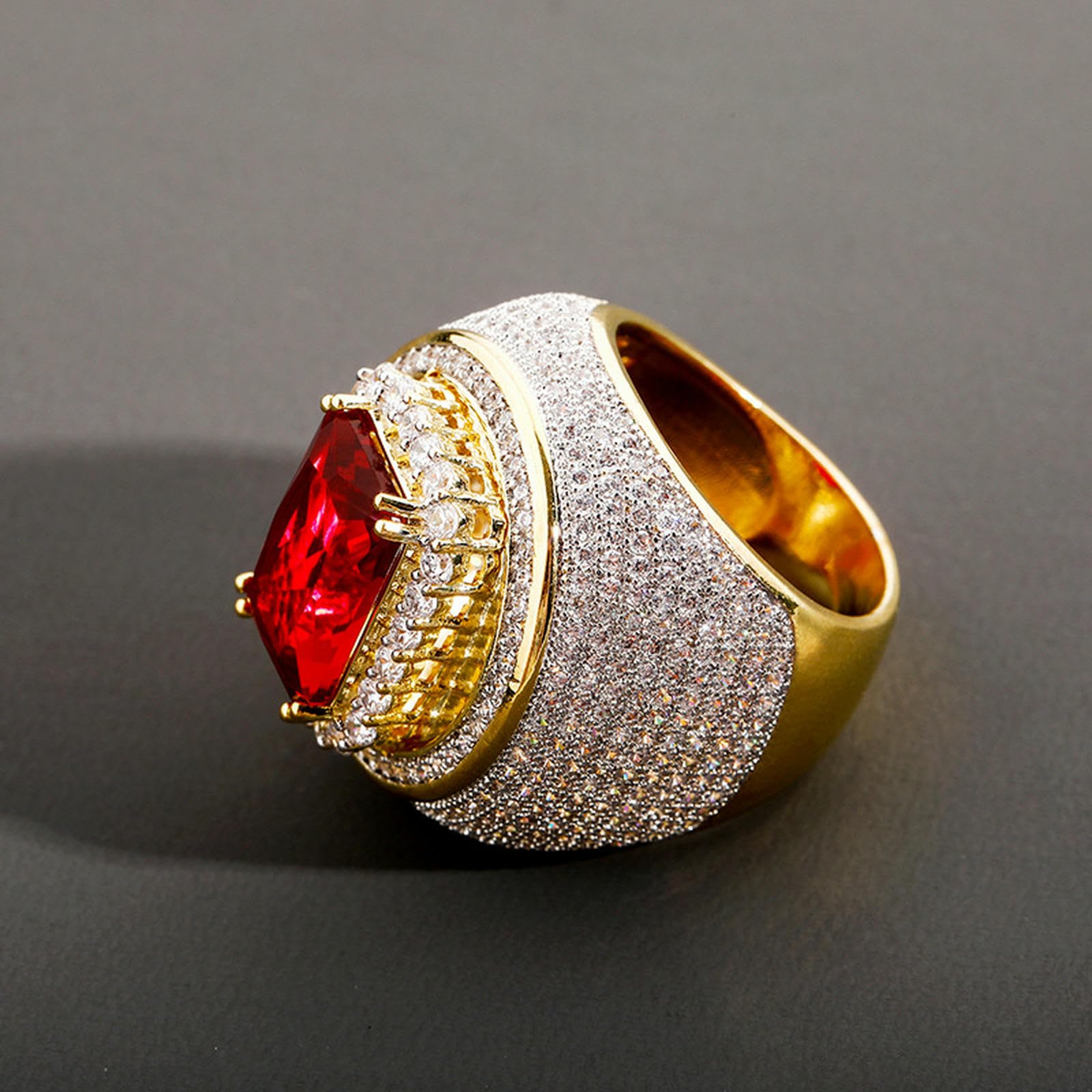 Herren-Ring mit kubischem Zirkonia und Rubin, auffälliges Retro-Design, Statement-Schmuck, übertriebener Vintage-Stil, Band, Geschenk für ihn