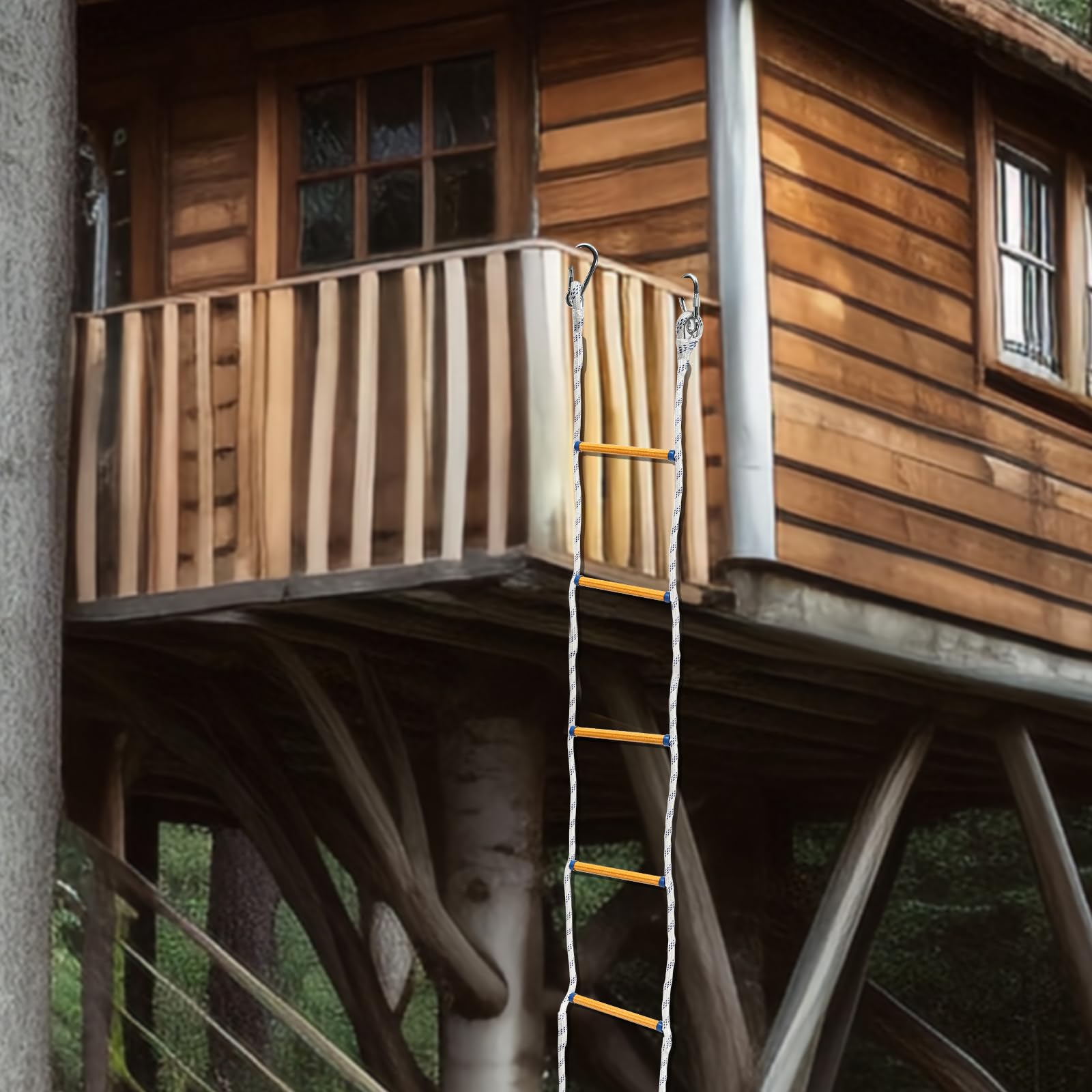 Escalera de rescate, escalera de cuerda, escalera de rescate portátil, capacidad de carga 200 kg, con 2 ganchos, cuerda de punto doble, adecuada para la mayoría de ventanas y balcones