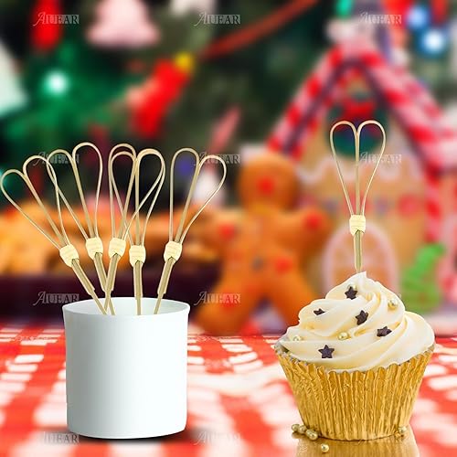 Miniatura 4 de AUEAR, Paquete de 300 palillos de bambú de 4.7 pulgadas, palillos de cóctel en forma de corazón, palillos de dientes para aperitivos, brochetas,