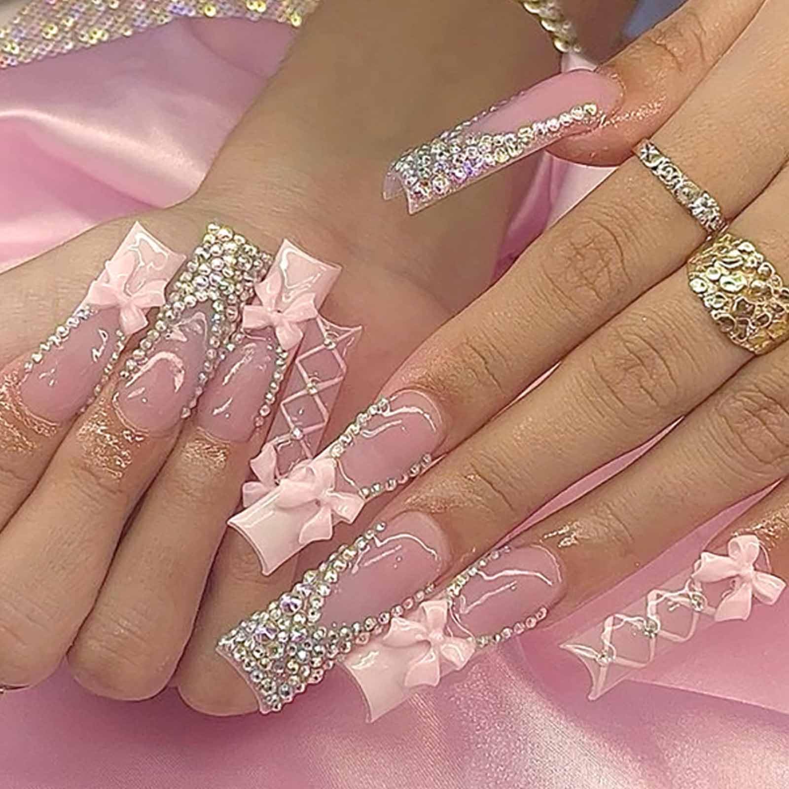 Hkanlre Long Pink Press on Nails Rhienstones Fake Nails Tips Full Cover Square False Shiny Bow Nails for Women 24PCS
