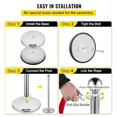 Miniatura 6 de VEVOR Cuerdas y postes de terciopelo, 8 piezas, cuerda de terciopelo rojo de 5 pies, poste de puntal con parte superior de bola, barreras de control