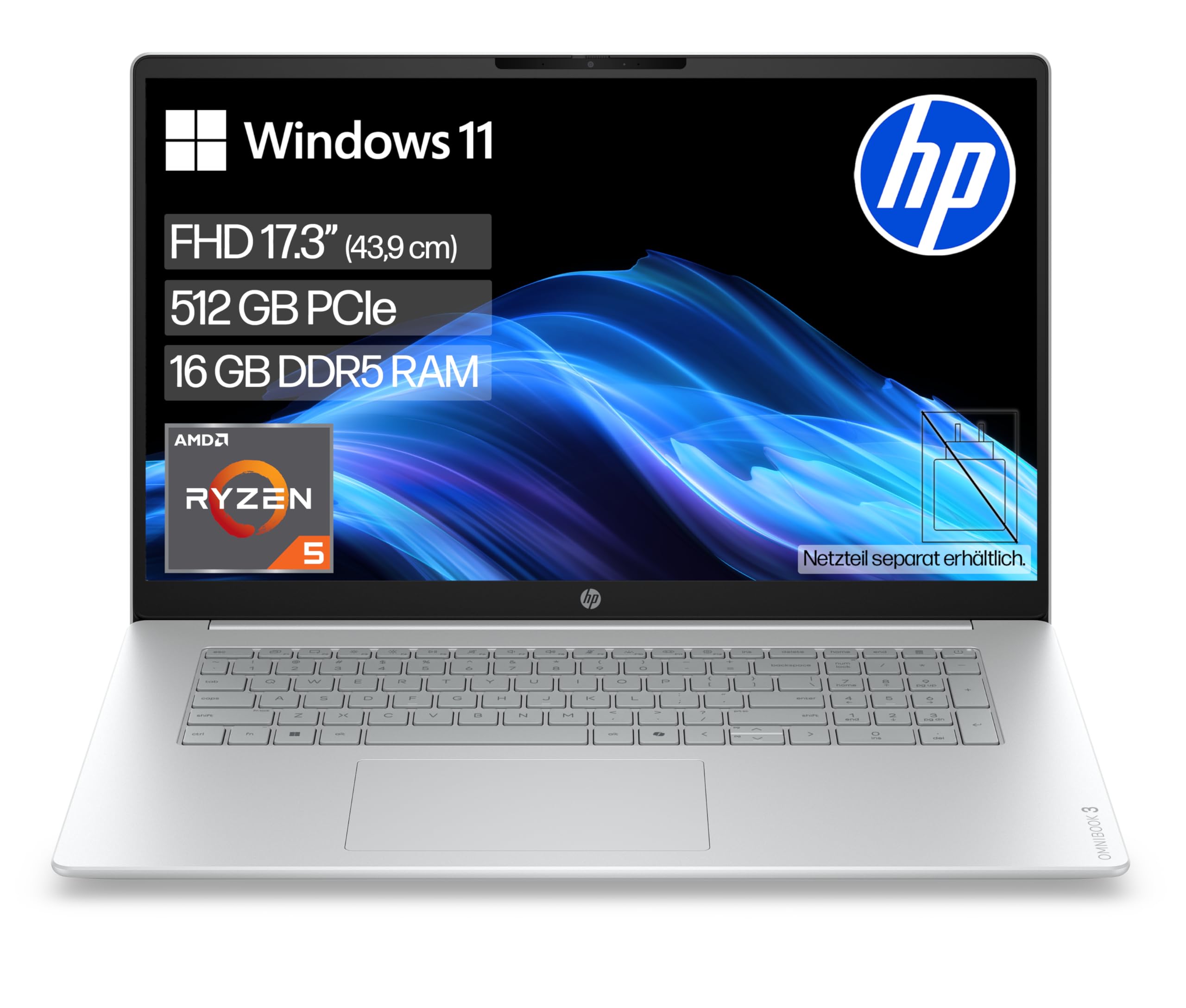 HP OmniBook 3 Laptop (17,3" FHD Display, AMD Ryzen 5, 16GB RAM, 512GB, Win11, QWERTZ) - Silber