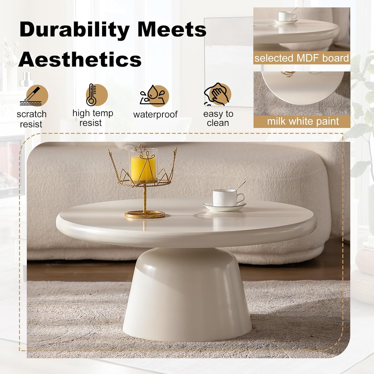 Modern Round Coffee Table White for Living Room, 31.5" Funky Circle Pedestal Coffee Table Minimalist Cream Circular Pedestal Coffee Table Small Drum Circular Center Table TeaTable