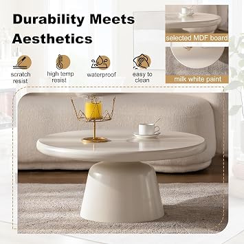 31.5 Small Round Coffee Table with Sturdy Pedestal for Small Spaces | Cream White Circle Drum Center Table Minimalist Tea Table for Living Room Apartment Lounge, Easy Assembly