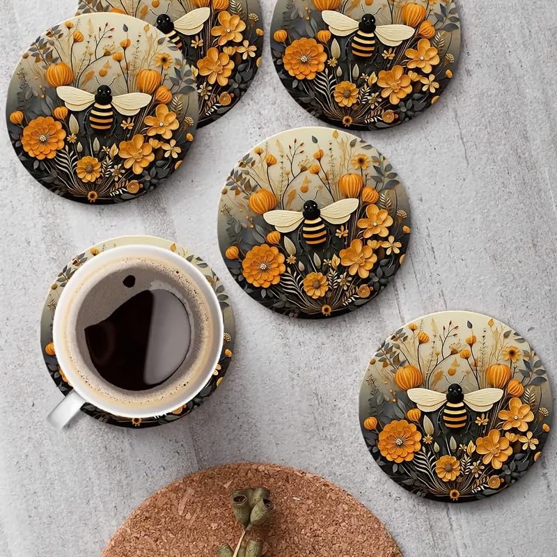 Image of 6pcs Bee & Floral Wooden Coasters Set - Hand Washable, 4 inch Decorative Drink Mats for Coffee & Glassware - Ideal for Christmas, Valentine's Day, Mother's Day, Father's Day, Easter