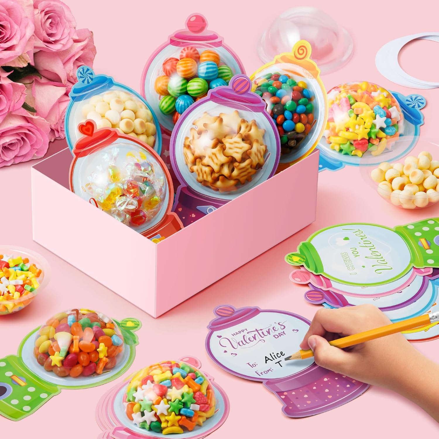 Jumlys Valentines Cards for Kids Classroom, 48 Pack Gumball Machine Valentines Candy Card Set, DIY Valentine Exchange Cards with Plastic Domes, Ideal Valentines Day Gifts for Boys Girls School