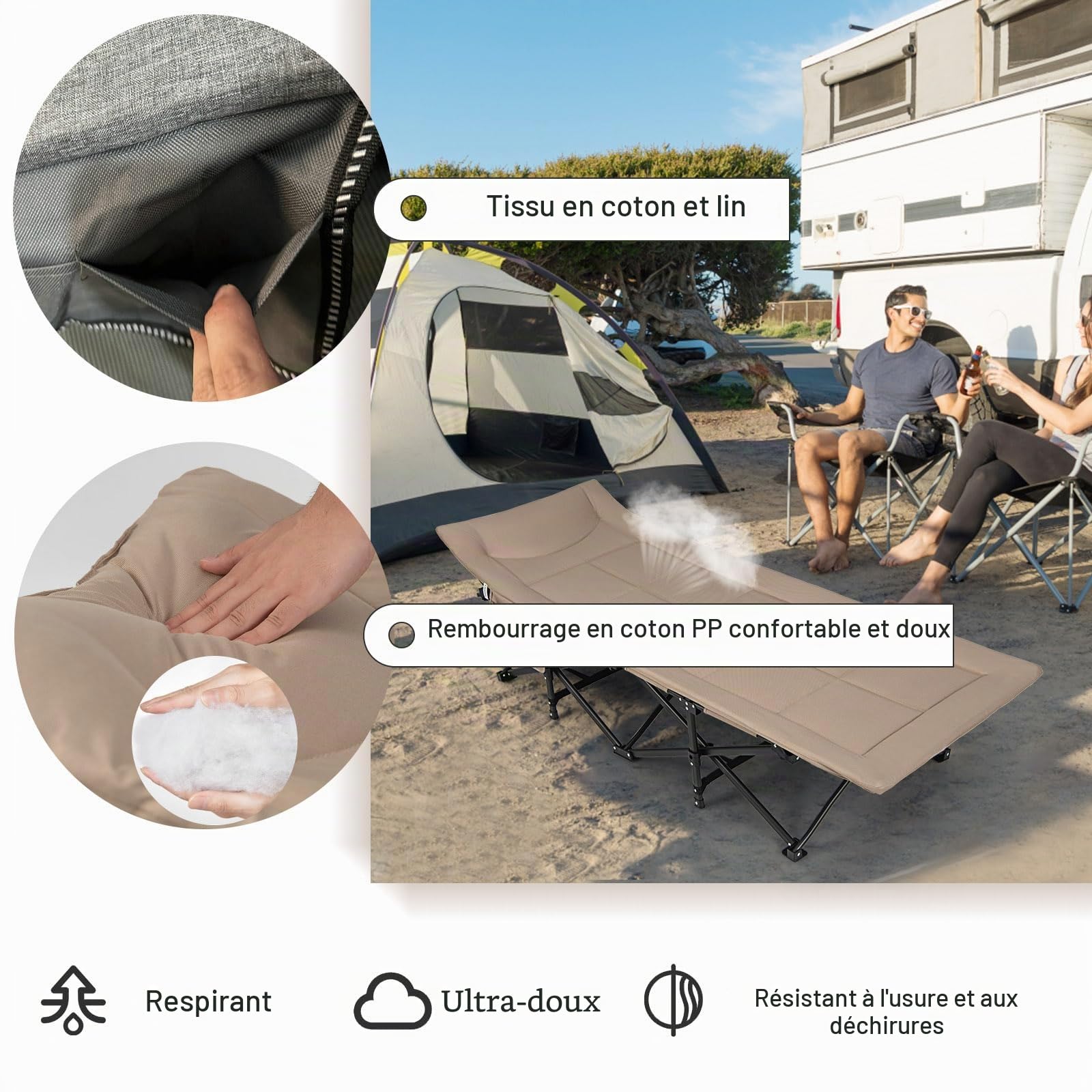 KOMFOTTEU Lit Camping Pliabe, Sac Transport, 190 x 68 x 48,5 cm, Kaki | Lit de Camp Cadre Métal, Tissu Oxford, Lit d’Extérieur pour 1 Personne XL, antidérapant, Capacité de Charge de 200 kg