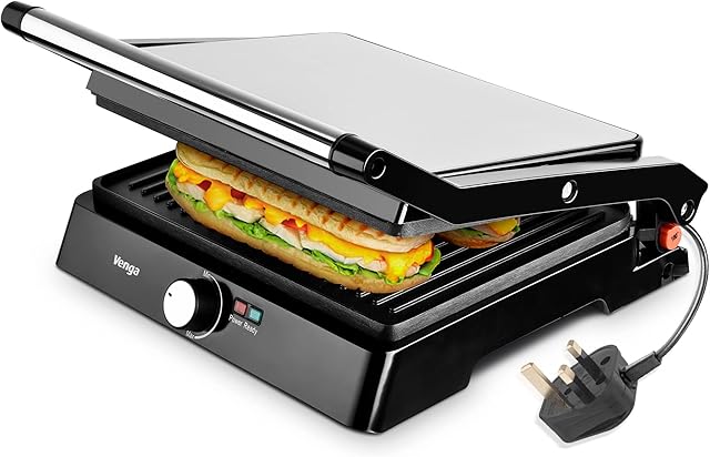 Venga! 2-in-1 Panini Grill and Table Grill, 180° Opening, 2200 W, Stainless Steel/Black, VG COG 3003 BS