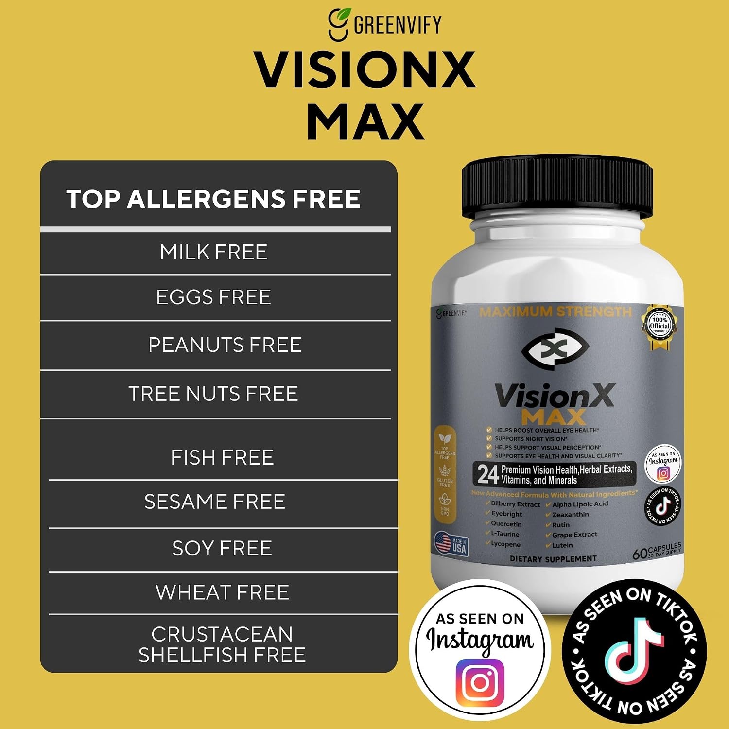 VisionX Maximum Strength Eye Health Supplement, 24 Premium Vision Herbal Extracts, Vitamins, Minerals, 60 Capsules, 30-Day Supply (2)