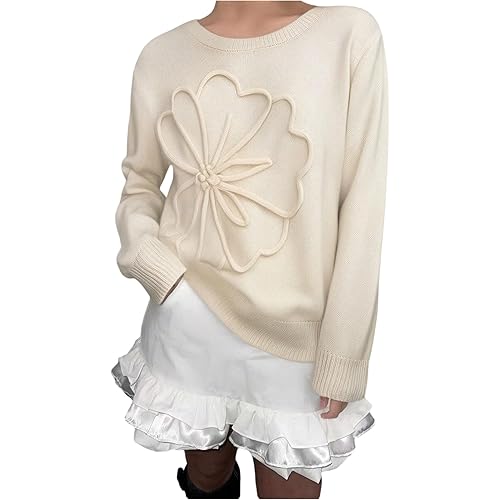 SweatyRocks Women's 3D Floral Appliques Sweaters Long Sleeve Crewneck Pullovers Trendy Knit Tops