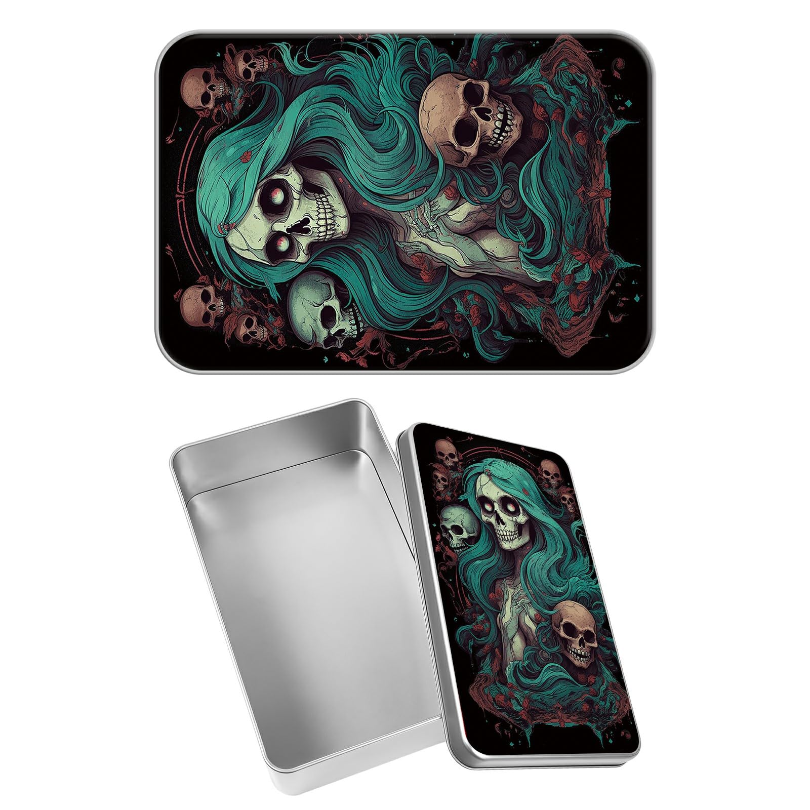Rectangular Metal Tin Box with Removable Lid, Sugar Skull Dead Girl Decorative Printed Metal Storage Container for Sweets Jewelry Tea Candies Cakes 7 x 4.33 x 2.17 inch– Single Pack
