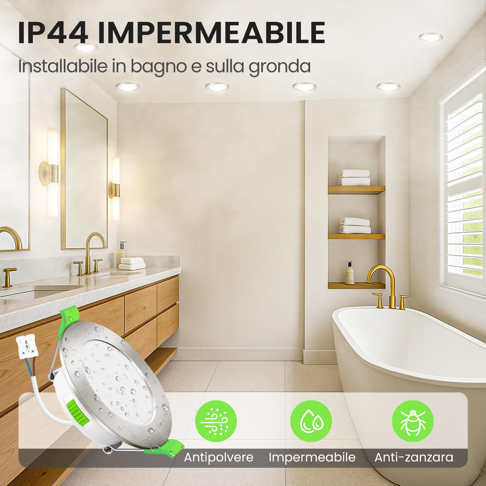 ALUSSO Faretti LED da Incasso per Cartongesso,4W 310LM 230V Luci da Soffitto Interno,Foro Incasso Ø55-68mm,3CCT 3000K 4000K 6500K Faretto led incasso IP44 per Cucina,Bagno,Set di 12,Nichel