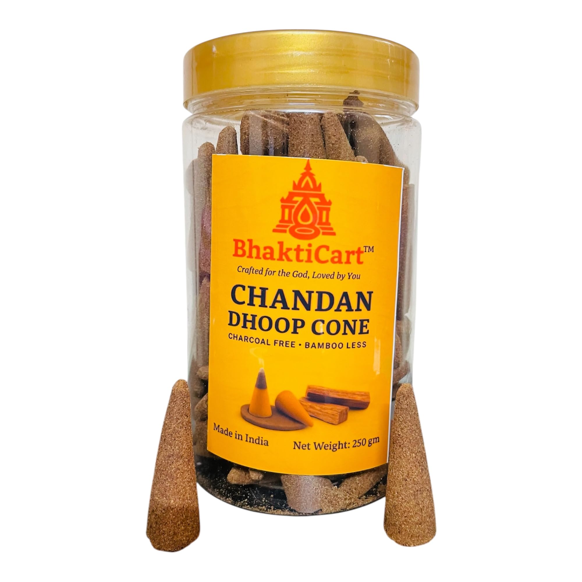 bhakticart chandan dhoop cones – pure sandalwood fragrance – charcoal-free & bamboo-free – long burning – handmade-100% natural – eco-friendly – pack of 250g (chandan)