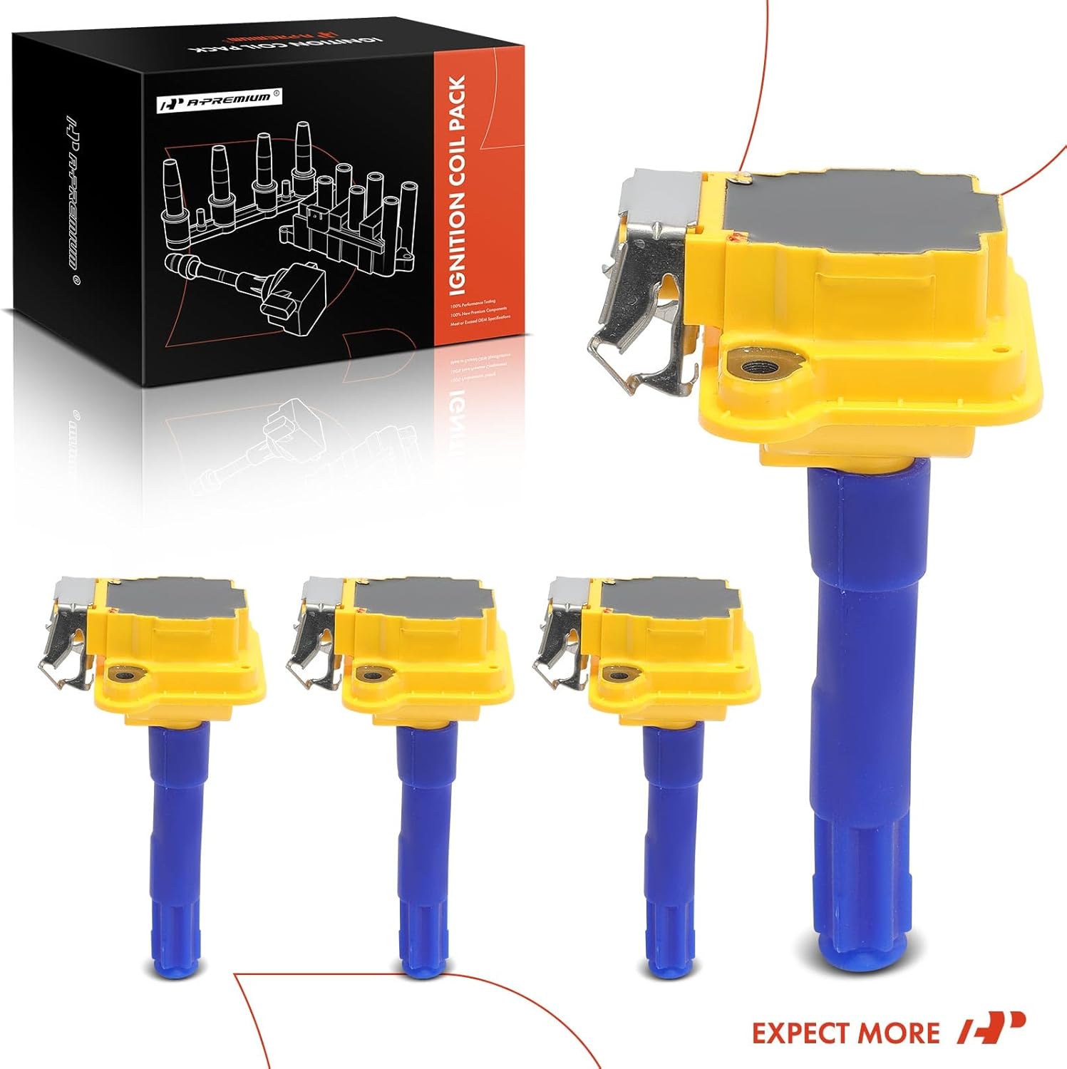 A-Premium (Yellow) Engine Ignition Coil Pack Compatible with Volkswagen Passat 1998-1999, Golf 2002/2004-2005 & Audi A4 1997-2000, A4 Quattro 1997-2000, A8 1997-1999, A8 Quattro 1997-1999, 4-PC Set
