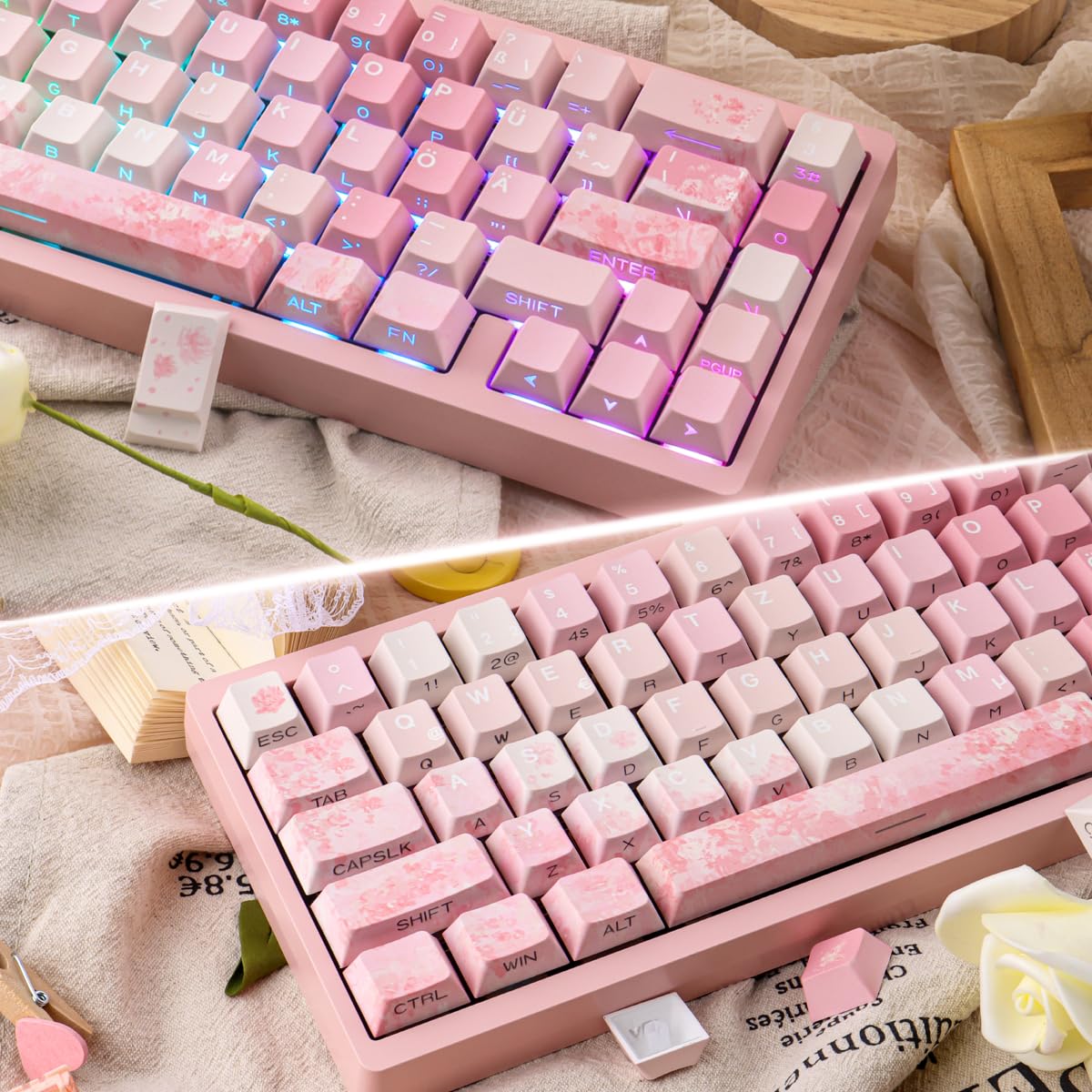 Keycaps Lot de 133 touches en PBT allemands Double Shot Rose Cherry Blossom Dye-Sub Cherry Profile Side Printed Shine Through Keycaps for Cherry MX Switch ISO QWERTZ Layout Clavier mécanique