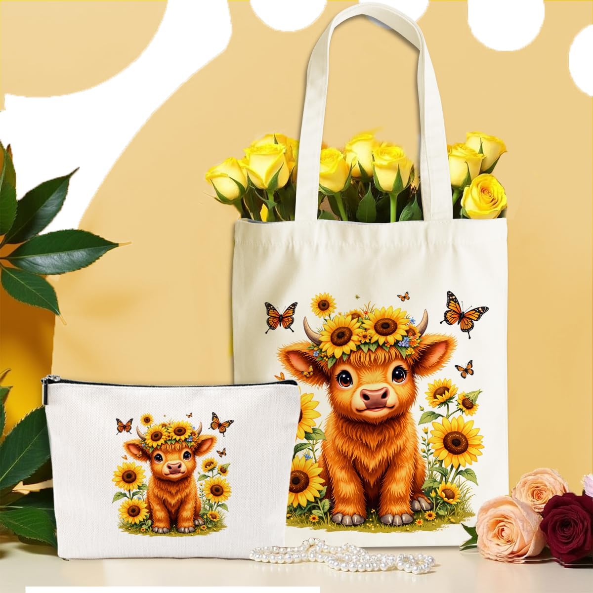 Sunflower Butterfly Cow Print Stuff Cow Gifts for Women Canvas Tote Bag Makeup Bag Grocery Bags Birthday