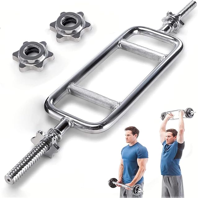 Nisorpa Tricep Weight Bar 34", Triceps Olympic Barbell Bar Curl Dumbbell Bar Threaded Solid Chrome WeightLifting Bars with 2 Ring Collars for Gym Home Training Fits 1 Inch Weight Plates (177lbs)