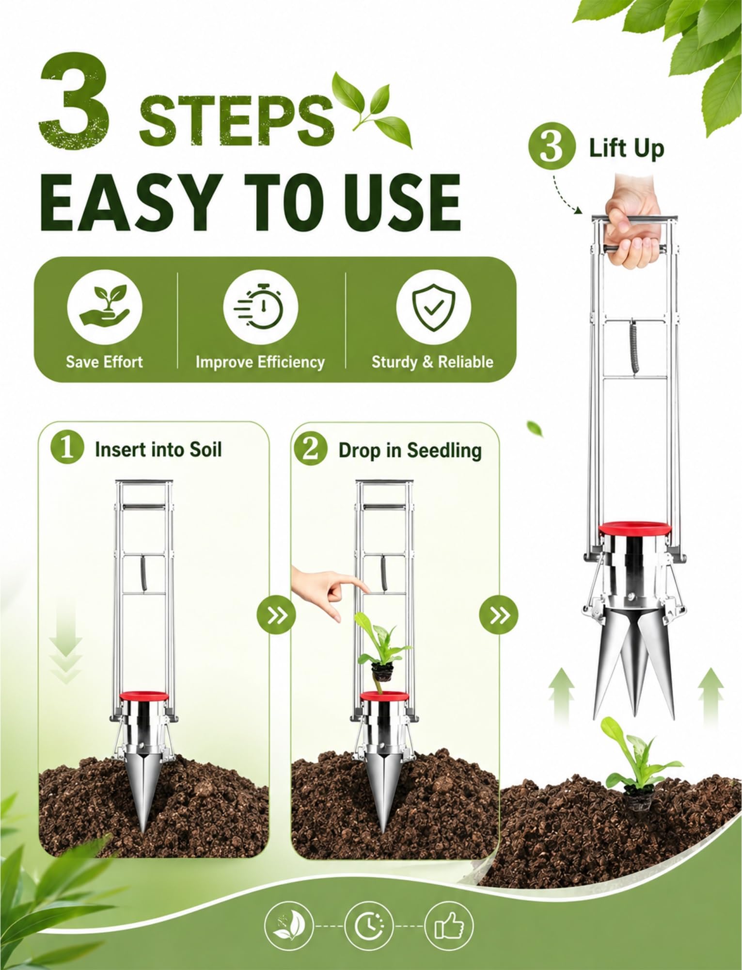 Transplanteur de semis, transplanteur de semis à 3 mâchoires, planteur de bulbes de jardin et perforateur de semis, outil de transplantation de légumes sans effort(10 cm/4 inch,14 cm/5.5 inch)