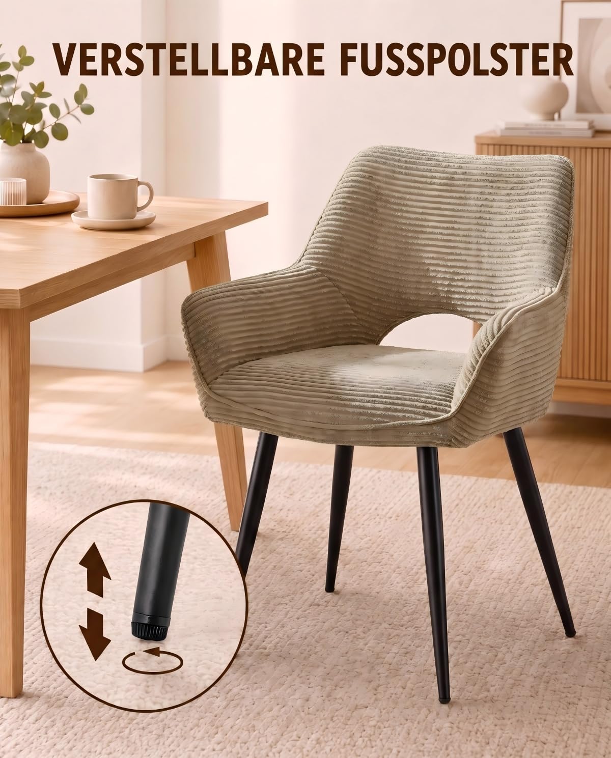 JIJIAN Cord Esszimmerstühle 2er Set mit Armlehnen, Khaki | Stühle Esszimmer, Armlehnstuhl, Wohnzimmer Stühle, Polsterstühle, Ideal für Esszimmer und Küche