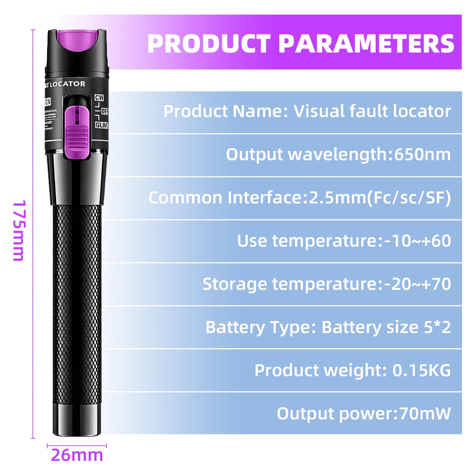 Localizzatore visivo guasti da 70 mW, kit VFL da 70 mW, Penna tester per cavi in fibra ottica con adattatori FC/LC monomodali da 9/125μm, portata VFL 70Km, supporto interfaccia SC/FC/ST/LC da 2,5 mm