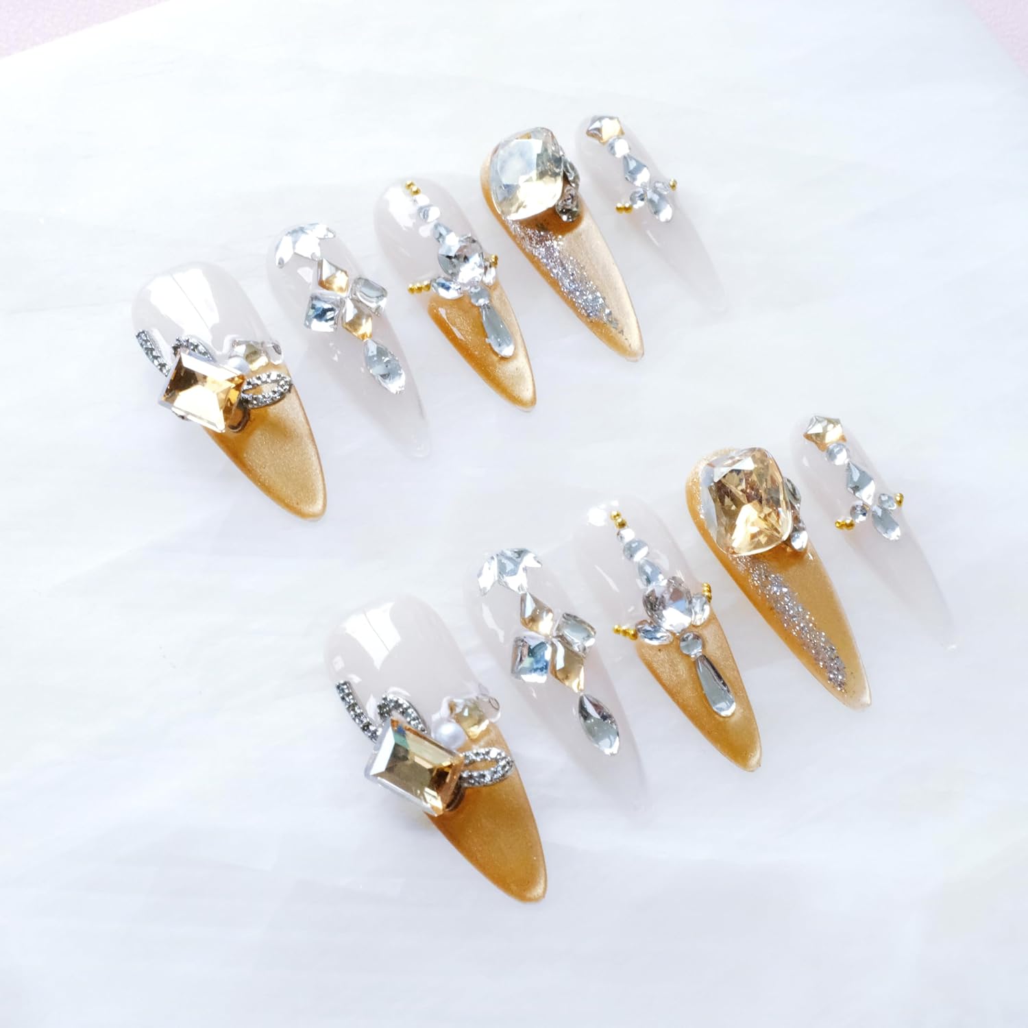 Luxury Long Stiletto Press-On Nails, Yellow Glitter with 3D Rhinestones and Heart Gems, Handmade False Nail 10 Pieces (Medium, LS)