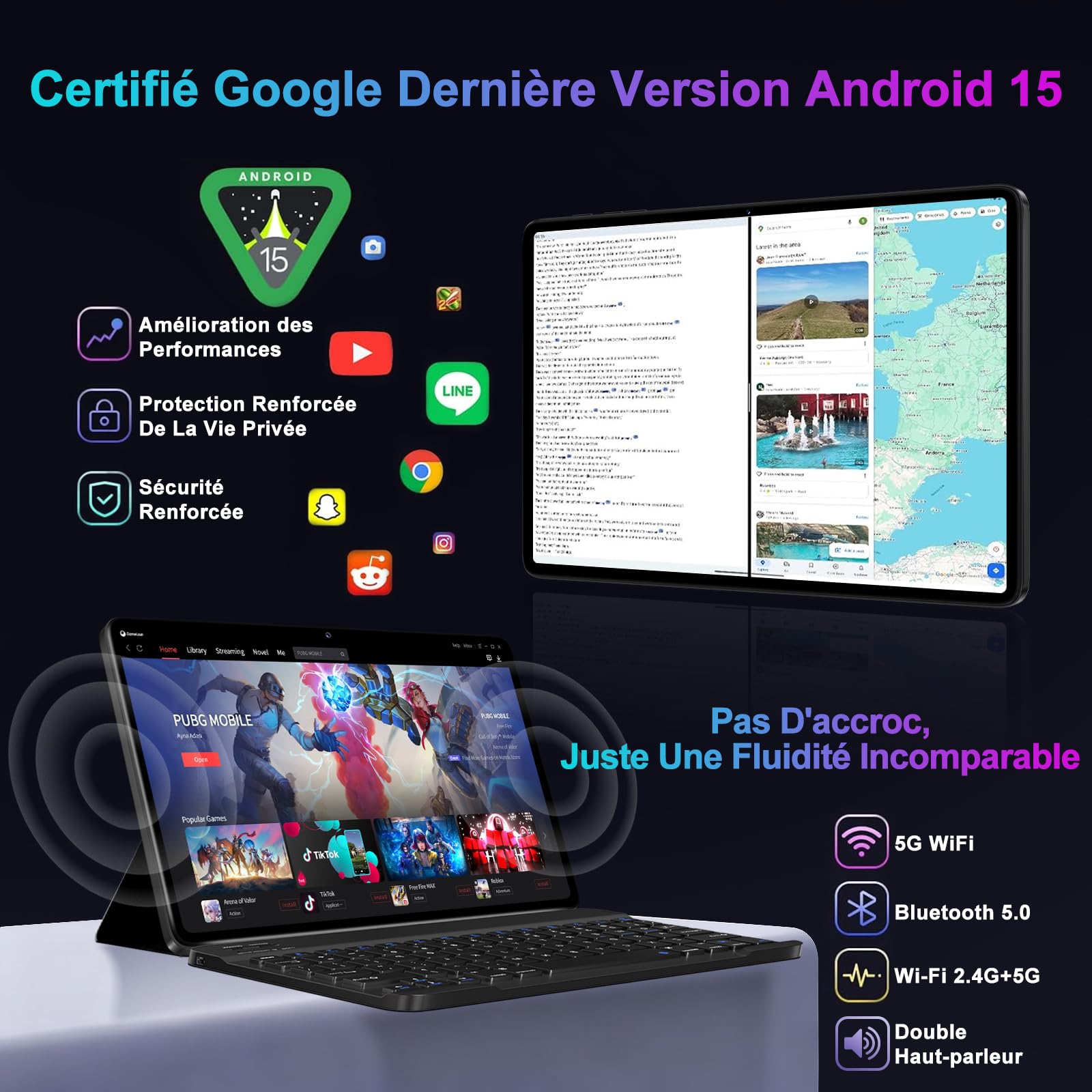 Tablette 10 Pouces Android 15 avec 30Go RAM+128Go ROM(TF/2To), Gemini AI, Tablette Tactile avec 5G+2.4G WiFi, Octa-Core,2.0 Ghz, 8000mAh, GMS, Widevine L1, BT 5.0,Tablettes avec Clavier et Souris-Noir