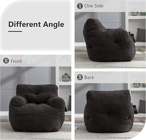 Miniatura 8 de Hison Puf para adultos y niños, tela de peluche, sofá esponjoso y perezoso, relleno de esponja viscoelástica, sofá con reposabrazos para sala de