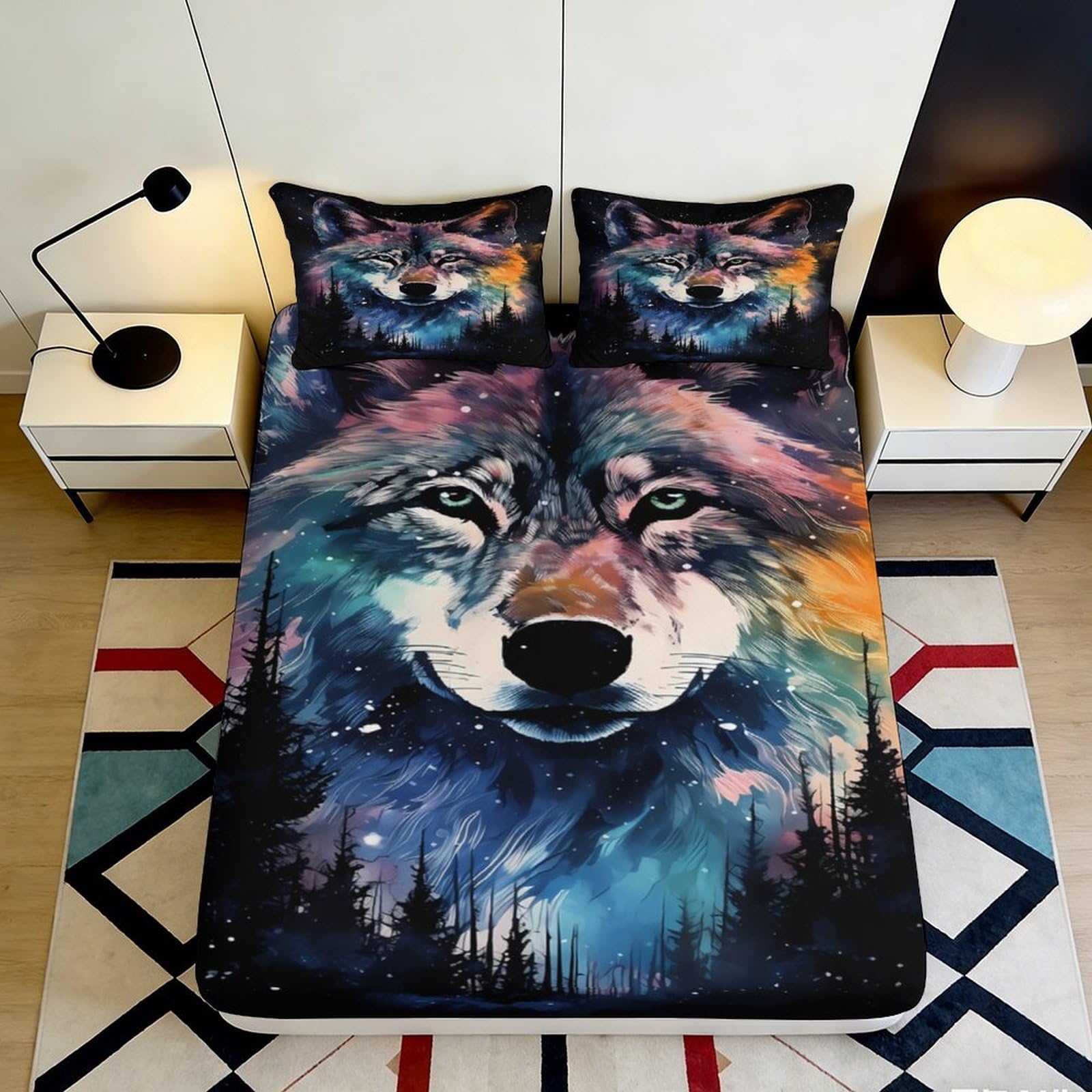 3D Printed Wolf Galaxy Fitted Sheet Microfiber Soft Decor Cosmic Forest Mattress Cover for Bedroom Dorm 90x200x25cm