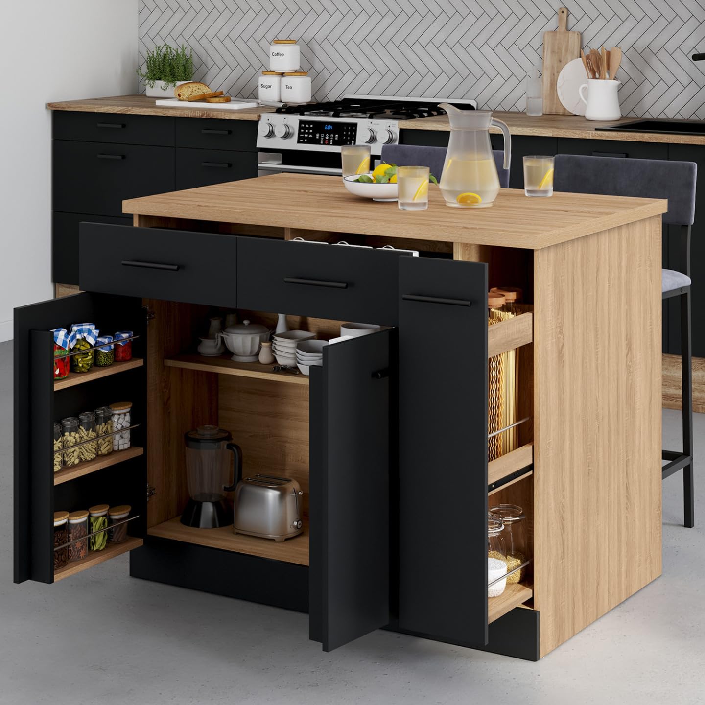 IDMarket - Ilot Central Alto Portes avec rangements, tiroirs, Rangement Coulissant et Plan de Travail façon hêtre et Noir