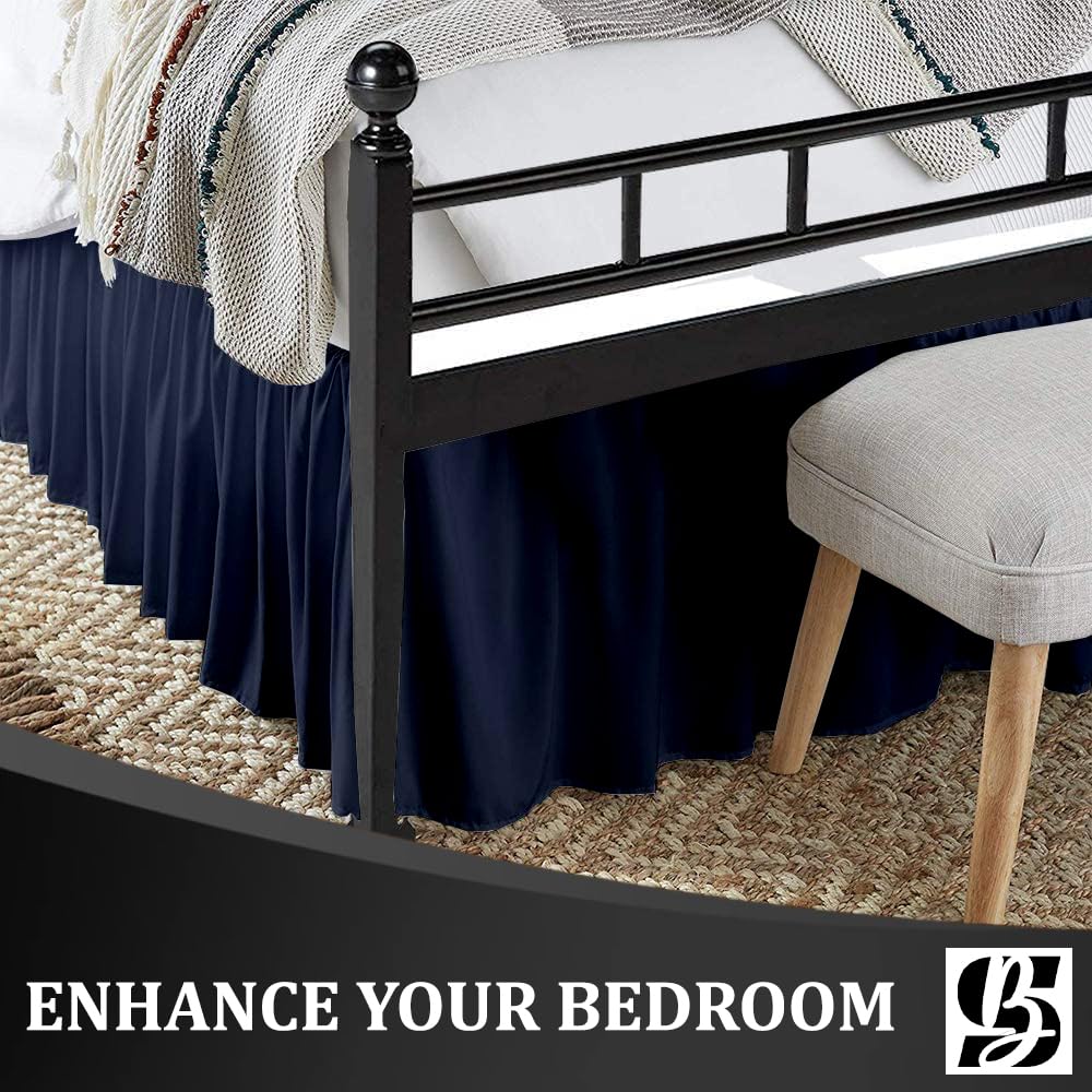 SKY BEDDINGS Queen Ruffled Bed Skirt, Split Corners, 18" Drop, Navy Blue