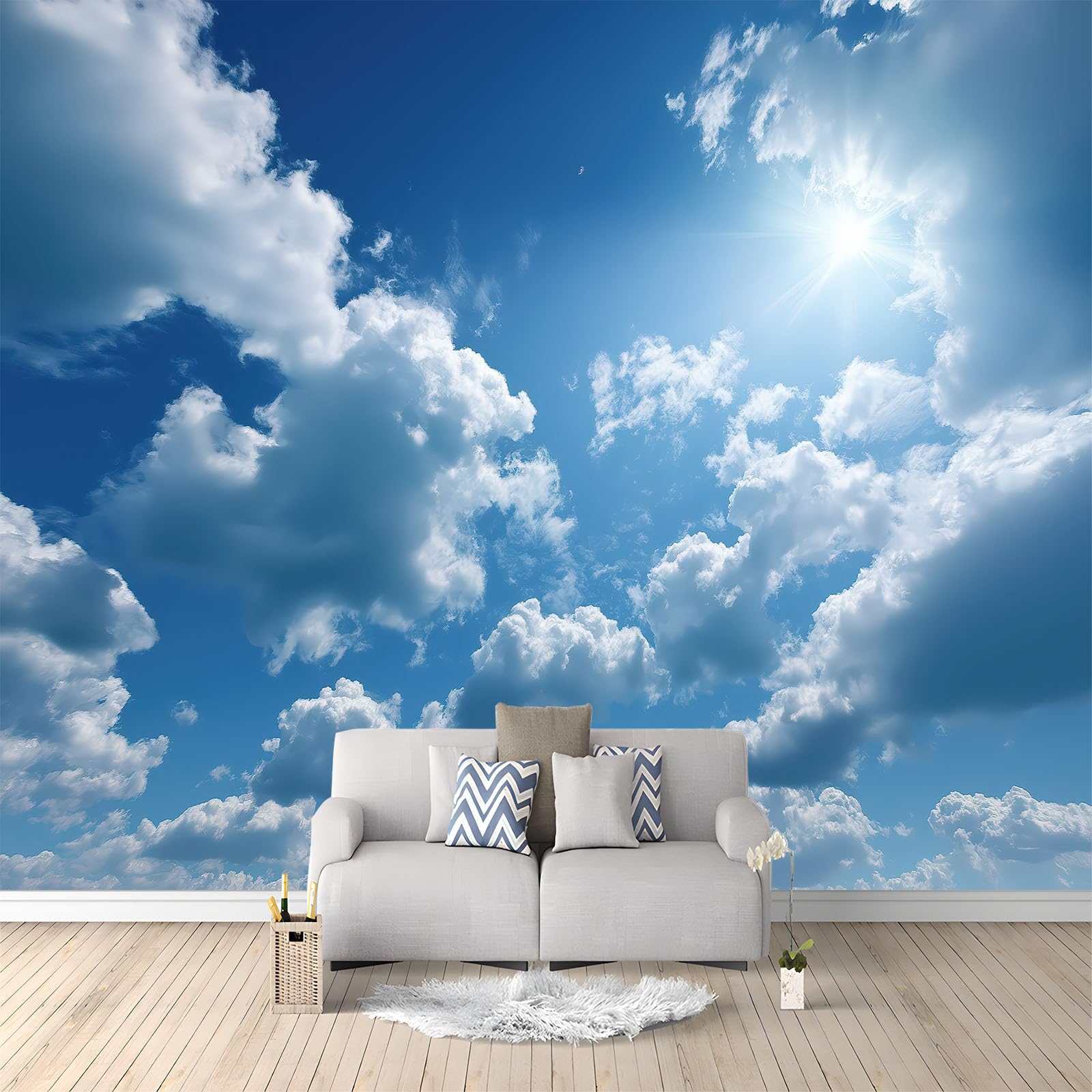 Photo Wallpaper, Realistic Blue Sky Clouds Non-Woven Mural Wallpaper, Blue Wall Art for Gaming Room Living Room Bedroom Kitchen Office Family Wall Decor, 200 x 140 cm