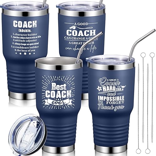 Miniatura 8 de Juego de 4 vasos de acero inoxidable con tapas y pajitas, regalo de agradecimiento para entrenador, para hombres y mujeres, baloncesto, fútbol,