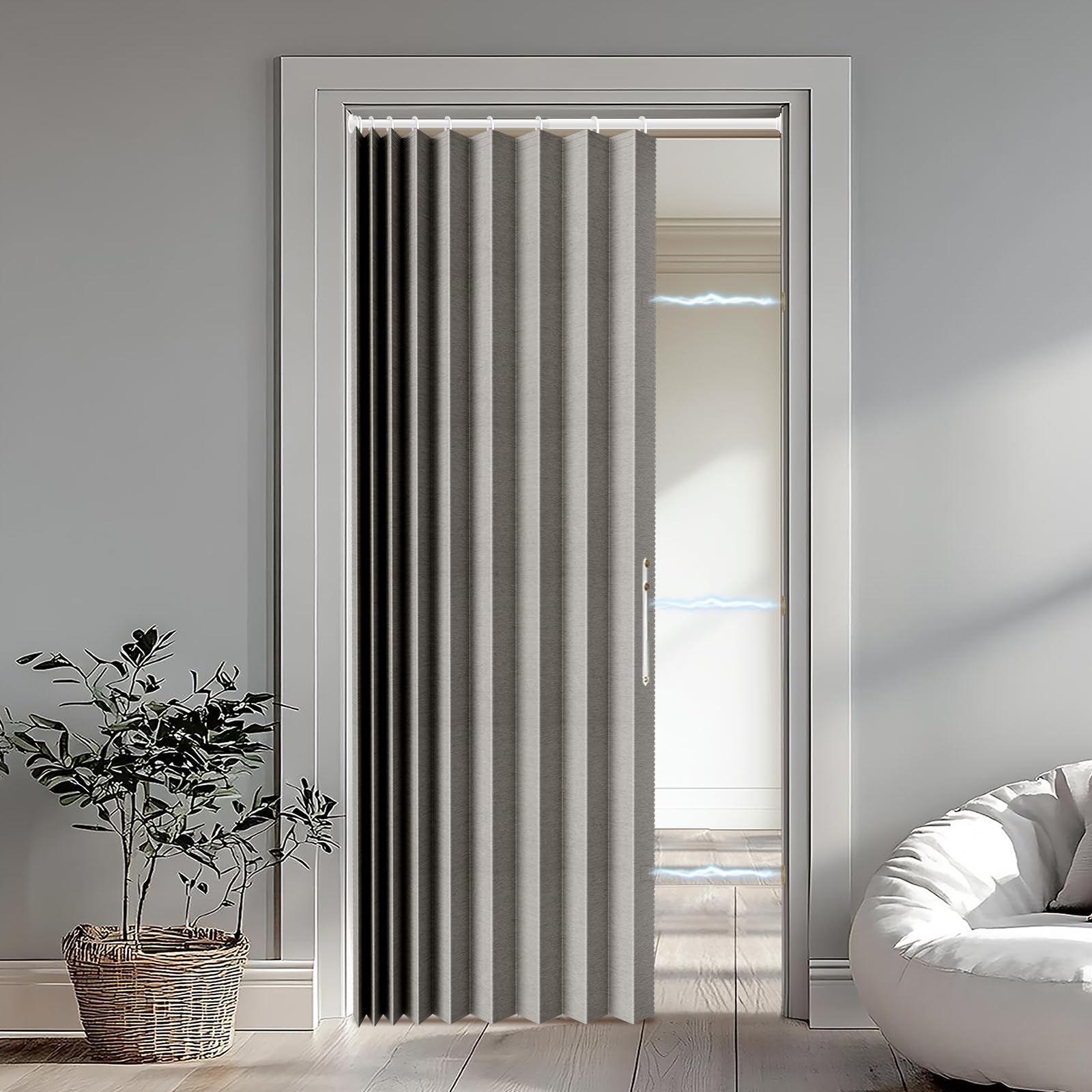 アコーディオンドアカーテンセット - 100%遮光、カーテンロッド付き、寝室プライバシー保護用(グレー-幅43インチ x 長さ78インチ +ロッド)