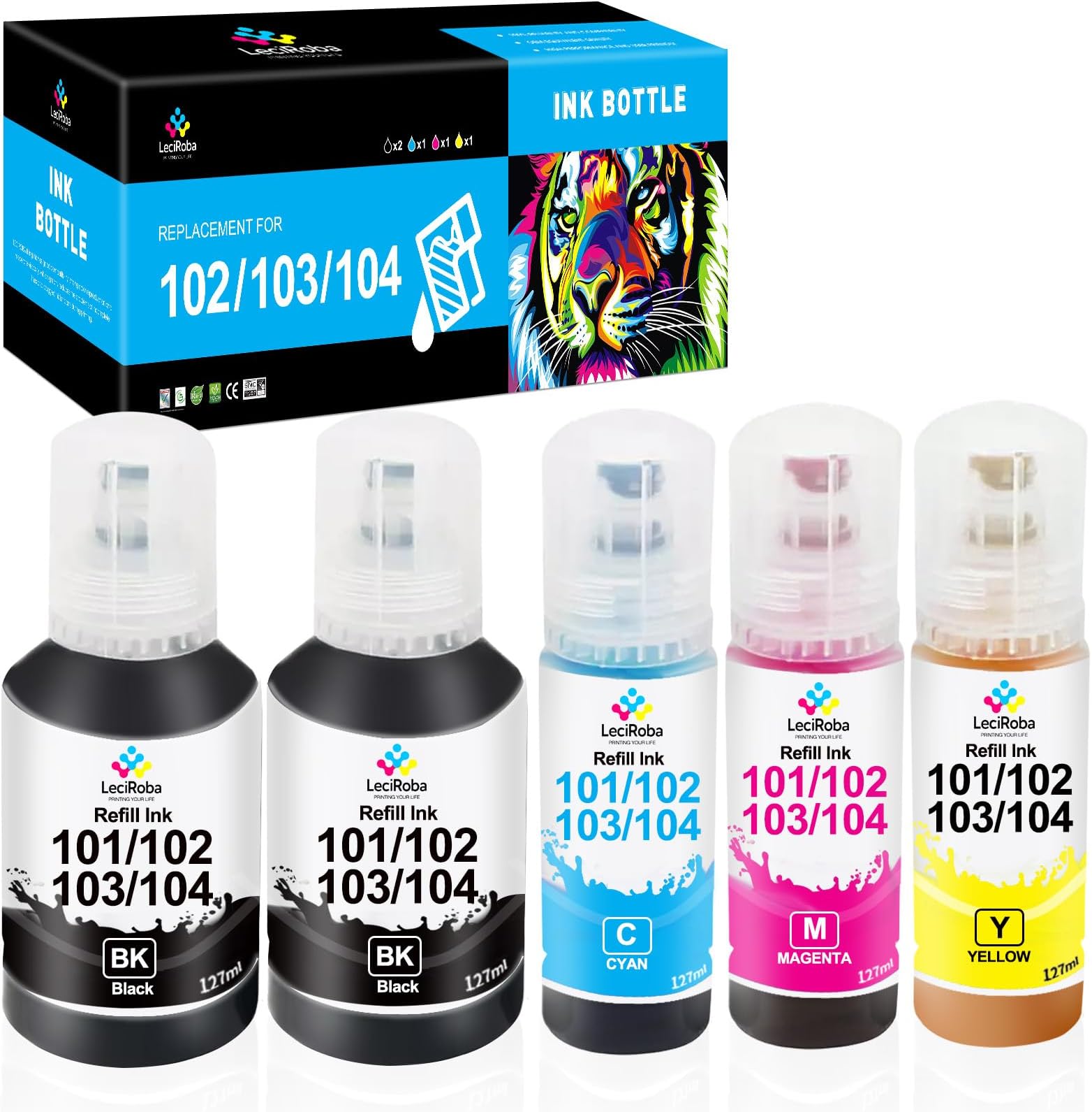 LeciRoba104 for epson 104 ink bottle multipack and Epson 102 103 ink for ET-2710 ET-2711 ET-2714 ET-2715 ET-2720 ET-2721 ET-2726 ET-2810 ET-2820 ET-2821 ET-2825 ET-2826 ET-4700 ET-4800 (5-PACK)