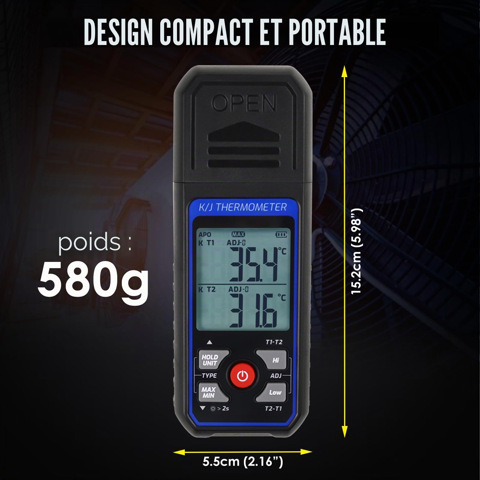 Thermomètre thermocouple numérique à double canal de type K/J avec sondes thermocouple de type 2 K et 2 pinces de température, plage de -328 ~ 1 500 °C, compteur de température HVAC industriel avec